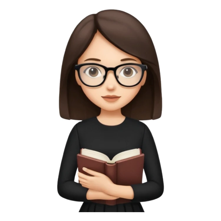 a cute brunette girl in a black dress wearing glasses  with two hands  sticker