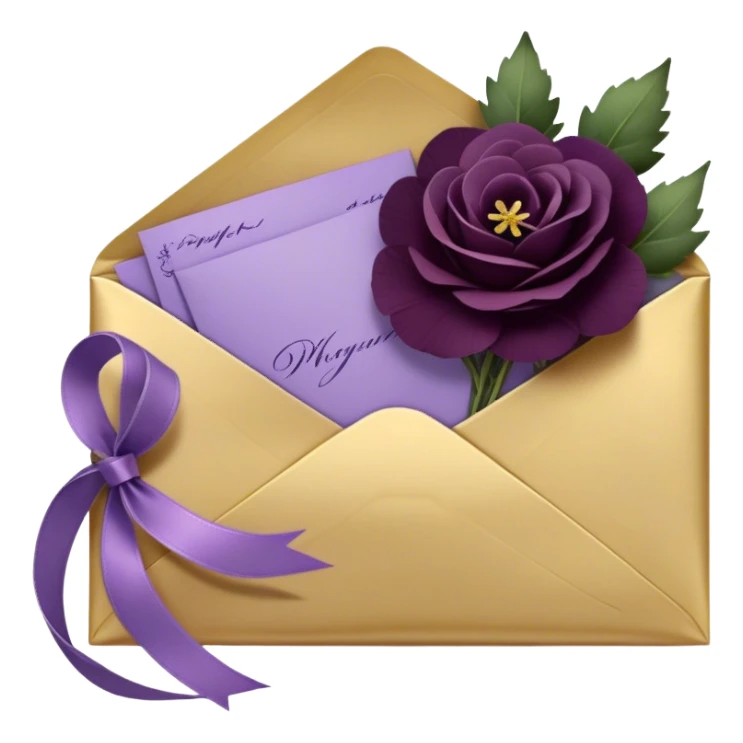 Beneath the soft light of a silver crescent moon, a bundle of handwritten letters lies wrapped in a velvety plum ribbon, adorned with a delicate sprig of lavender and a scattering of bruised violet pansies. A faded mauve rose and a deep purple peony, their petals gently curling at the edges, rest beside an ornate heart-shaped trinket, whispering tales of love lost and found. Golden stars twinkle faintly, reflecting off the wax-sealed envelopes, as if they, too, are enchanted by the lingering emotions woven into each word. sticker