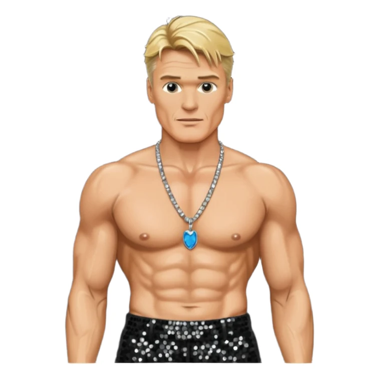 Dolph Lundgren with black sequin baggy pants, shirtless with necklace sticker