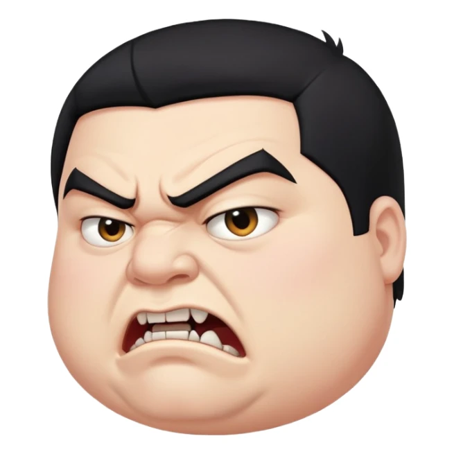 chubby young angry man in profile view with black hair, sharp fangs, crossed eyes sticker