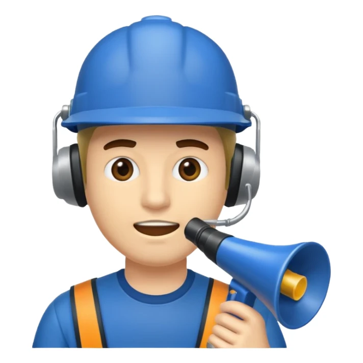 Um homem com capacete azul escuro segurando um megafone sticker