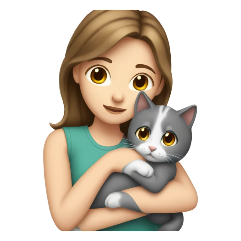 White girl with brown hair hugging grey cat sticker
