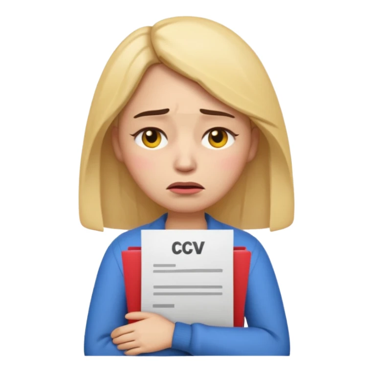  emoji character wearing a interview clothoes. face has a very sad crying, disappointed expression with drooping eyebrows and half-closed eyes. posture is dejected, with slumped shoulders. just rejected from  interview to get a job, holding CV. dont make it old person and make it woman. sticker