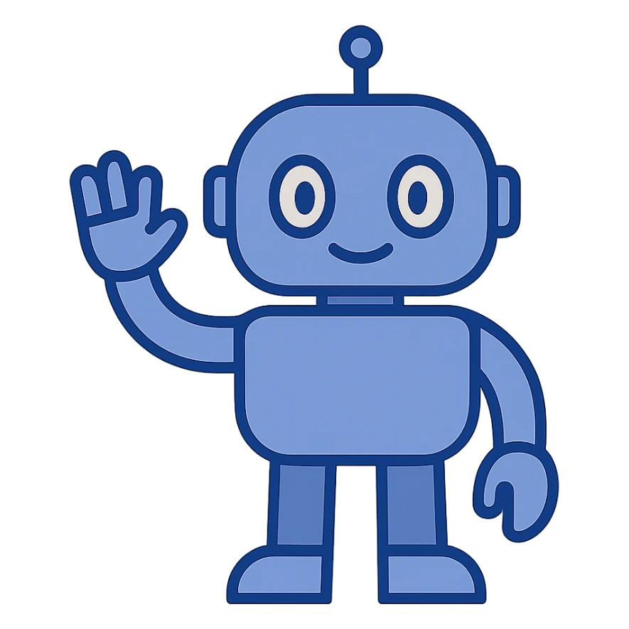 blue robot waving, friendly eyes, simple geometric shapes, modern illustration style sticker