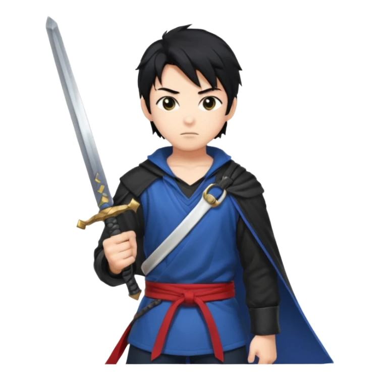 Create me an anime character boy emoji looking very cool with swords on his hand sticker