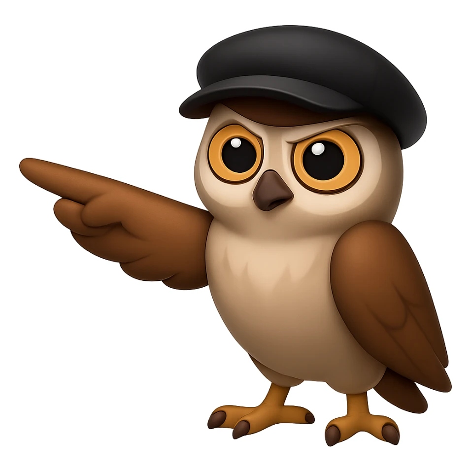 В стилистике эмоджи сгенерируй сову, она в кепке и позе Ленина уверенно показывает крылом в сторону, прозрачный фон sticker