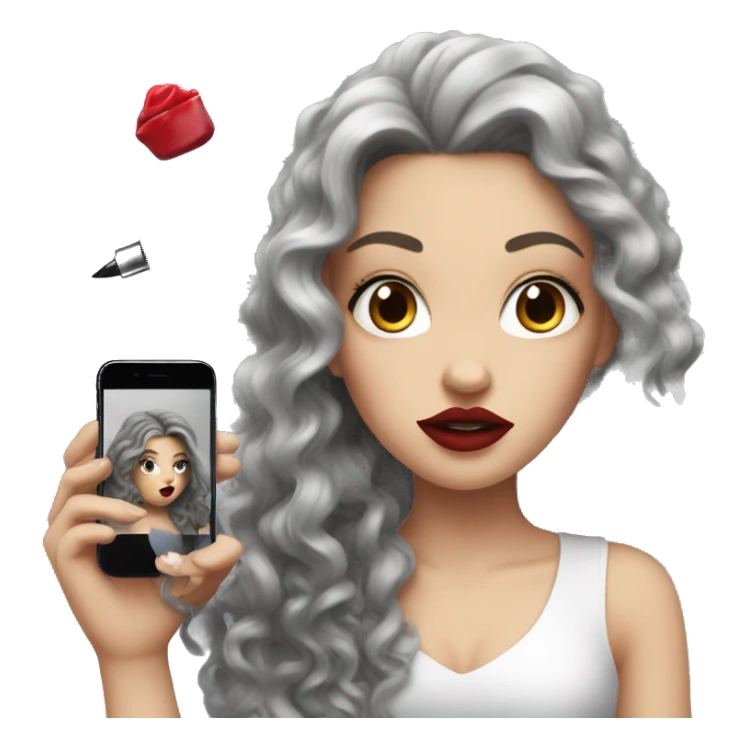 White girl, with curly long black hair, applying red lipstick sticker