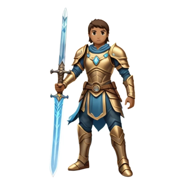 An icon representing an RPG, inspired by Elden Ring, featuring a lone warrior standing on a cliff overlooking a vast, mystical landscape. The design includes intricate armor, a glowing sword, and a majestic, otherworldly sky. Transparent background sticker