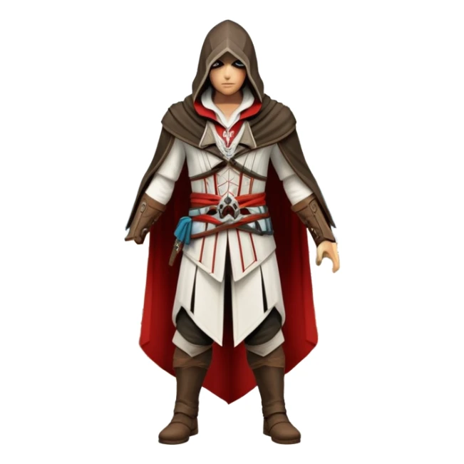 icon featuring Assasin's Creed in an iconic assassin's hood, standing tall against the backdrop of Florence. The design captures the essence of adventure, with intricate details of historical architecture and a sense of mystery. The character is poised, ready for action. transparent background. sticker
