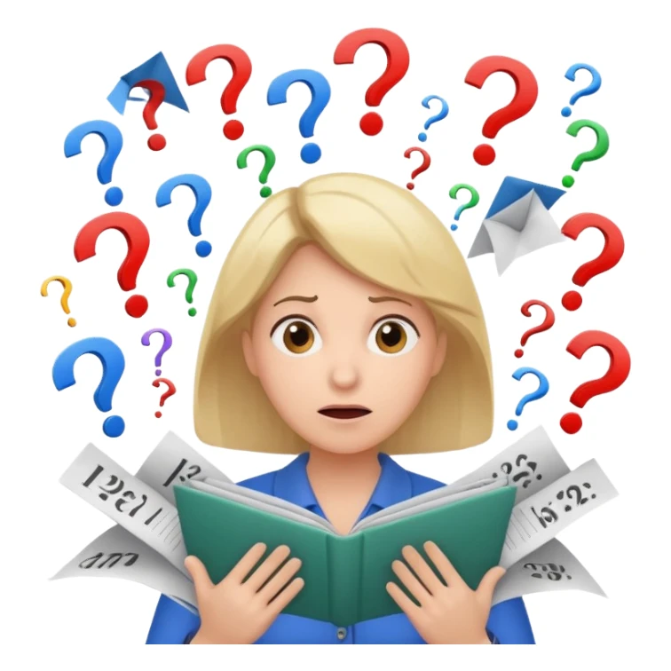 A kindergardenteacher with an overwhelmed expression, surrounded by flying papers and three question marks. sticker