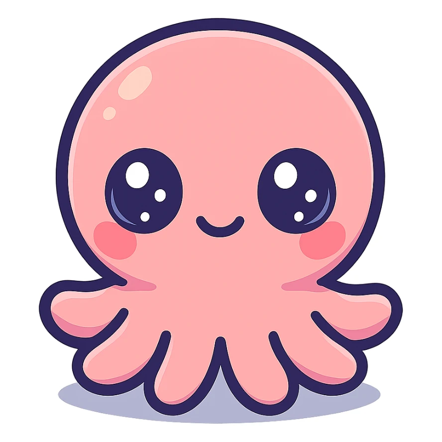 super kawaii chibi baby octopus character, soft pastel colors, big sparkling eyes, bolder outline, soft shadow, high contrast, minimal clean layout, PNG, transparent background sticker