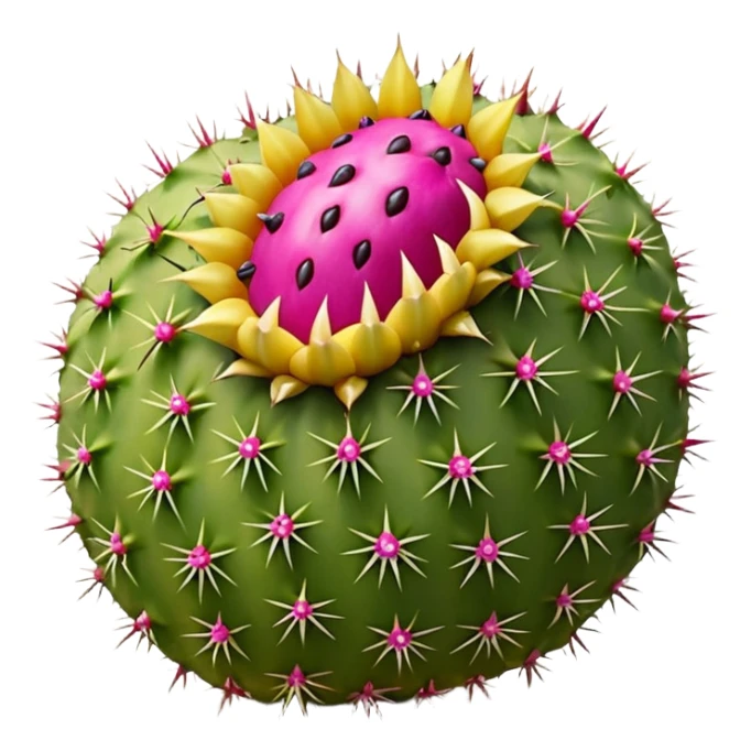 oval cactus fruit with bumpy spiny skin, shown whole and halved with bright magenta or yellow flesh, soft lighting, subtle shadows, emoji scale sticker