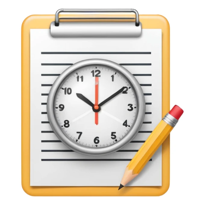 modern minimal emoji-style icon for 'Task 1' in a writing test, a document with a pencil and a small clock overlay, representing writing and time management, educational, clear sticker