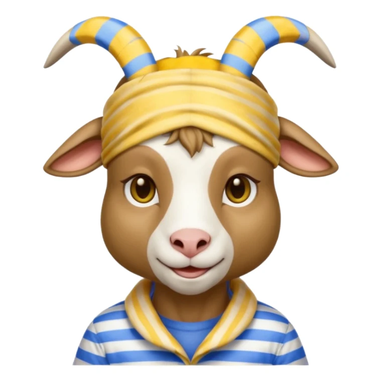a goat with yellow sleep mask and wearing shirt sticker