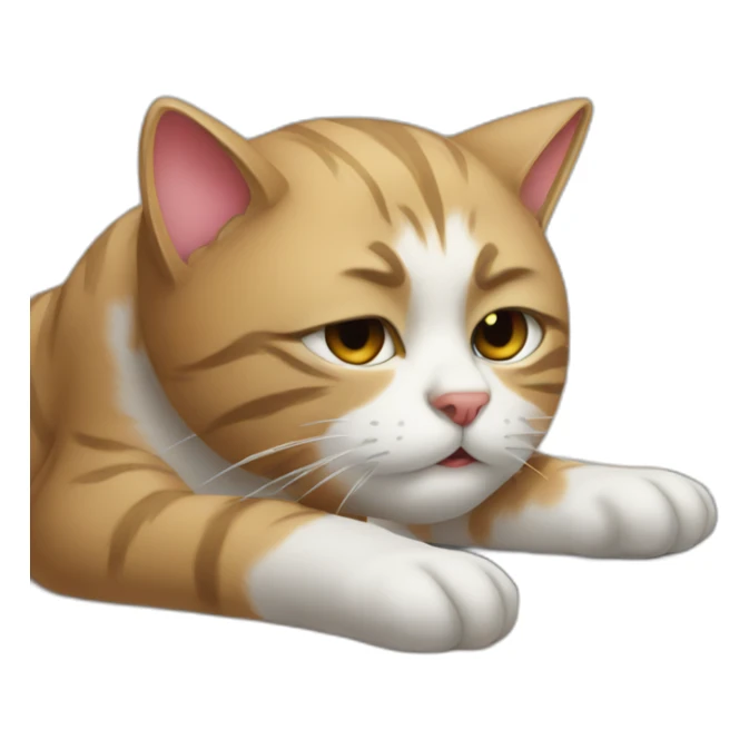 tired cat in front of computer sticker