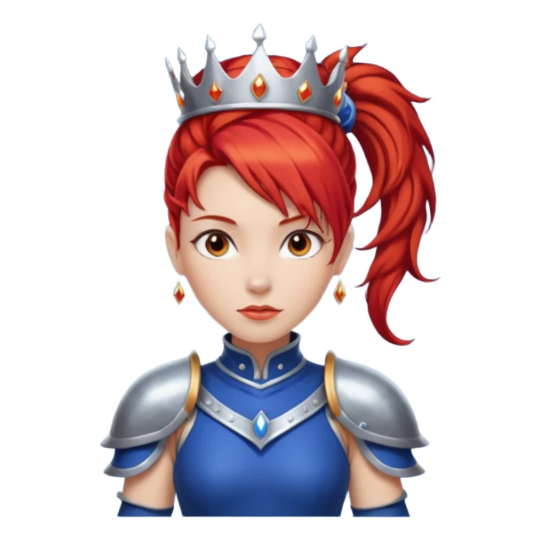 Red Haired Princess, Warrior Princess – fiery red ponytail, silver armor over royal dress, confident stance, silver crown sticker