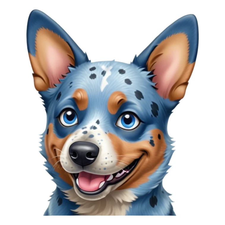 Cinematic Comical Blue Speckle Australian Cattle Dog Portrait Emoji, Head tilted dramatically with an exaggeratedly amused expression, featuring a striking blue speckle Fur with bold patterns, wide, expressive blue eyes filled with playful disbelief, Simplified yet hilariously expressive features, highly detailed, glowing with a slightly sassy glow, high shine, dramatic yet playful, stylized with an air of cheeky charm, bright and endearing, soft glowing outline, capturing the essence of a spirited and over-the-top herder, so meme-worthy it feels like it could side-eye its way into internet fame instantly! sticker