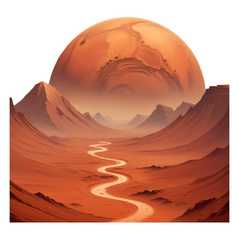 🔥 Cinematic Realistic Mars – A striking, high-resolution image of the Red Planet, featuring its iconic rust-colored terrain, deep canyons, and towering volcanoes. Swirling dust storms can be seen in the thin Martian atmosphere, with sunlight casting long shadows over its desolate, rocky landscape. sticker