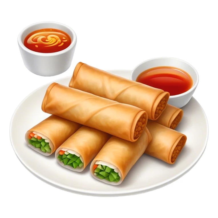 Spring Rolls Cinematic Realistic Spring Rolls Dish Emoji, depicted as 2 perfectly crisp spring rolls served with dipping sauce, rendered with lifelike textures and dynamic, appetizing lighting. sticker
