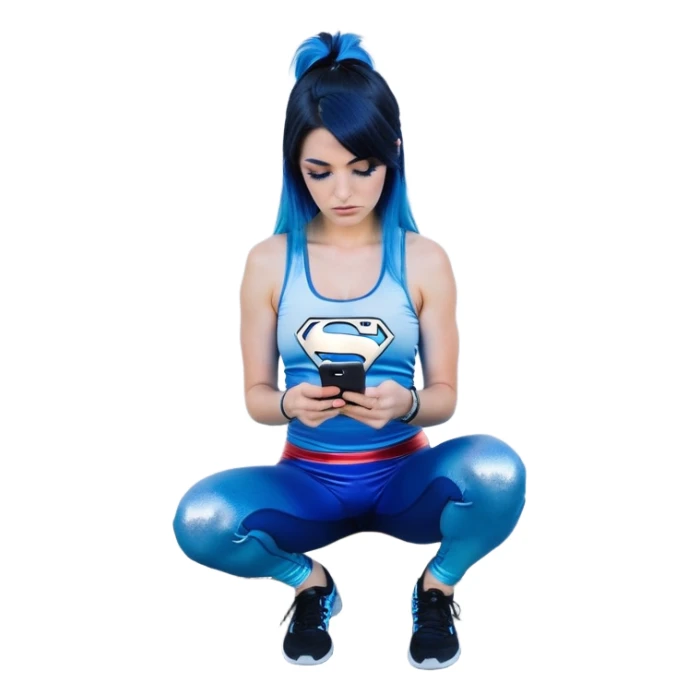 Disapponted-big tears-head back texting on phone-very very large upper body-sexy face-bending forward at waist-very long very straight dark blue to light blue ombre hair-and-blue eyes-thick black eyeliner-long eyelashes-iridescent blue lowcut tanktop with black leggings with glitter superman logo sticker
