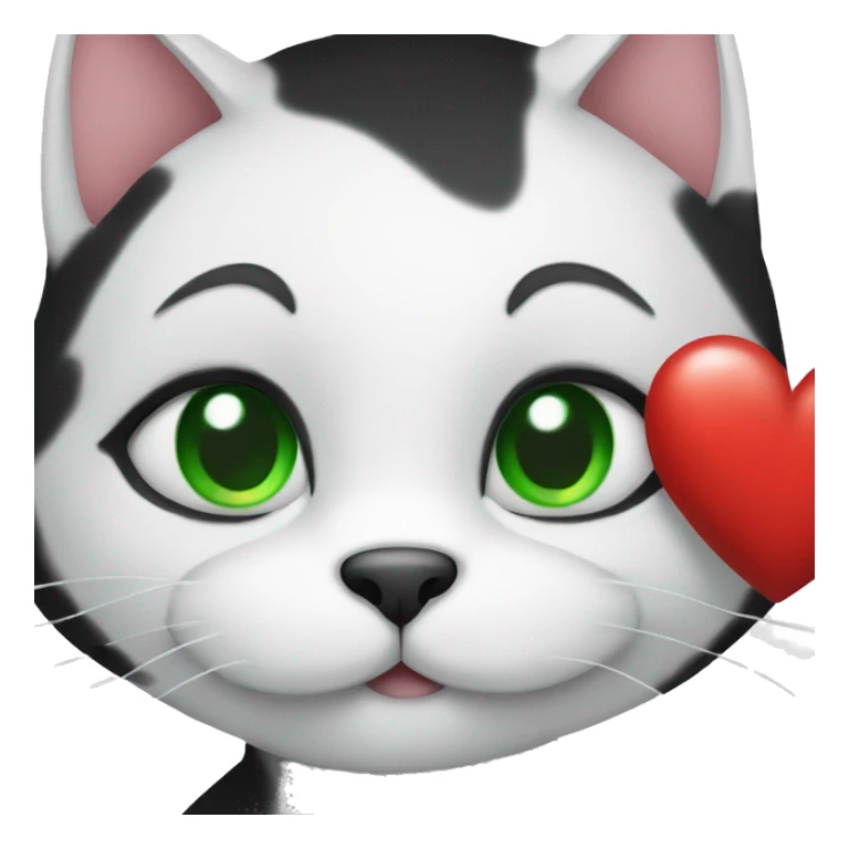 Black and white cat with green eyes holding a heart sticker
