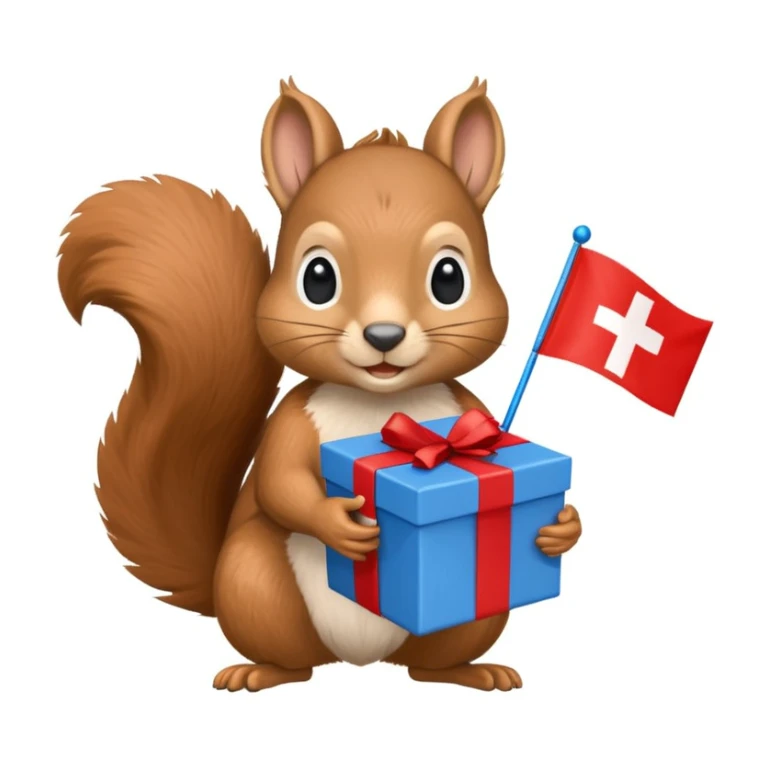realistic squirrel holding a blue gift box in one hand and a red Swiss flag in the other, both objects clearly visible, simple white background, the gift is a different color from the flag sticker