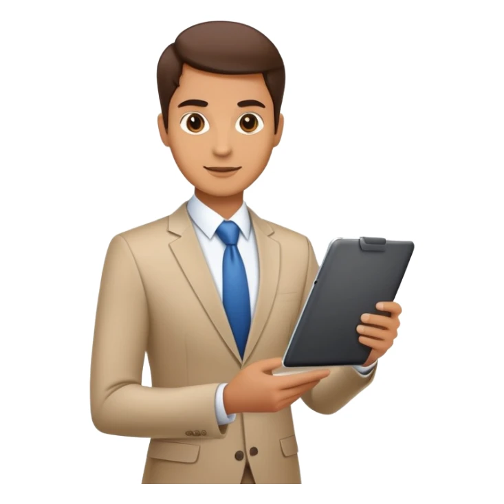 business executive confidently, holding a digital tablet or folder. The character wears smart business attire sticker