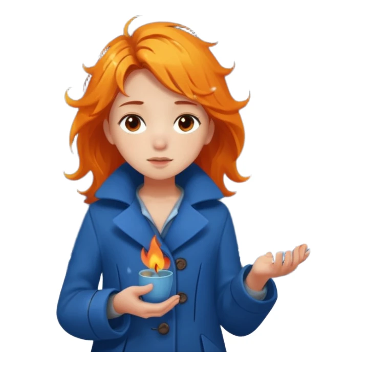 A barefoot girl in a tattered blue coat, cupping a tiny flame gently while snowflakes fall on her hair.
 sticker