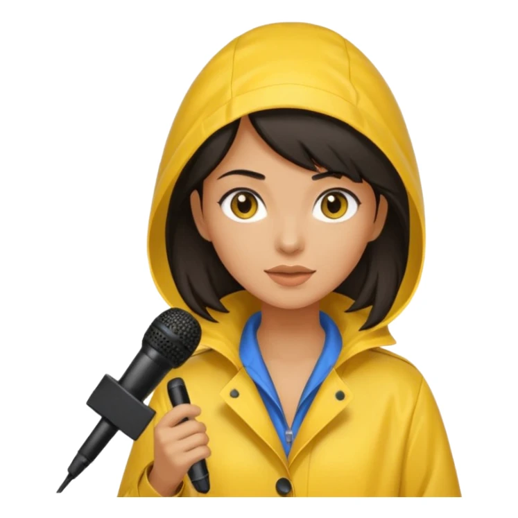 dark haired woman with rain coat and microphone sticker