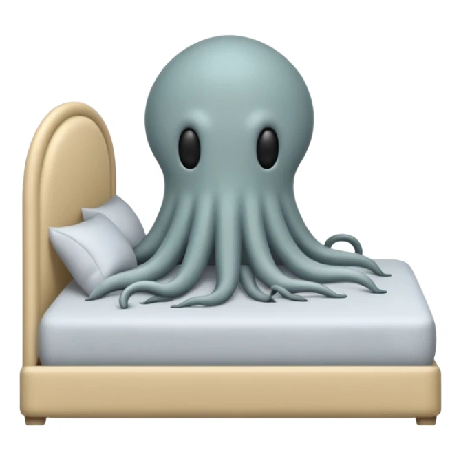 Minimalist emoji-style sticker of a bed with a covered figure and something strange peeking out from underneath. Grayscale only, simple icon.

 sticker