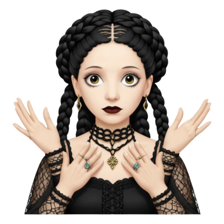 Lene Lovich as seen on the Stateless album cover with a typical symmetrical pose with her hands, lots of lace and braided hair sticker