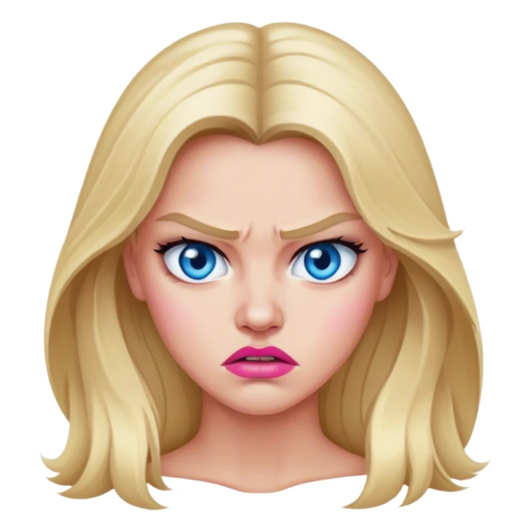 Cinematic realistic beautiful blonde with long hair, blue eyes and pink lips gets angry sticker