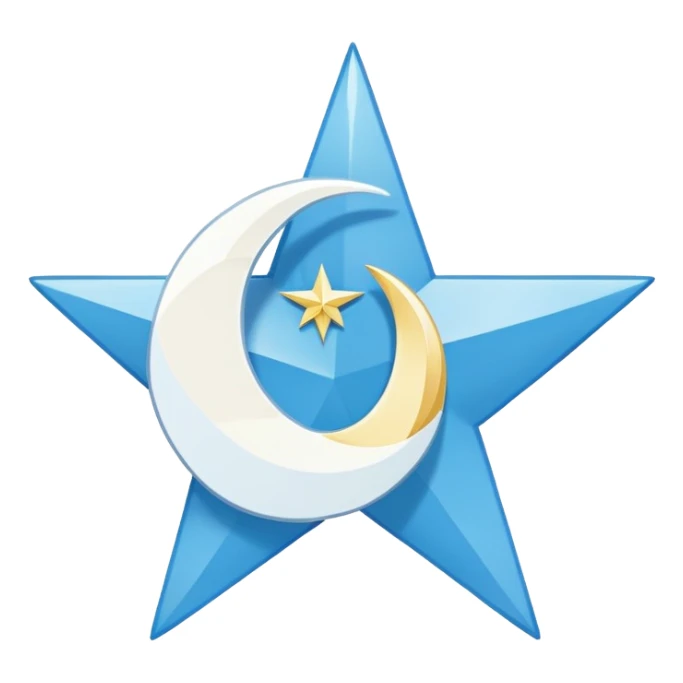 The flag is sky blue with a white crescent facing right on the left-center. Thin white lines outline the crescent, giving it a glowing effect. Inside or just right of the crescent is a white, symmetrical eight-pointed star. sticker