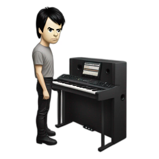 photo-realistic Gary Numan in 1979, standing upright, playing a Mini Moog, front-view perspective, sticker