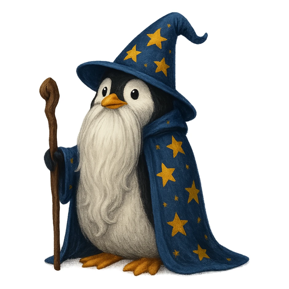 penguin wizard with a long beard and starry cloak sticker
