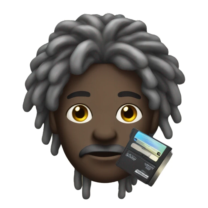 darkskin with dreads and a mustache holding a cd sticker