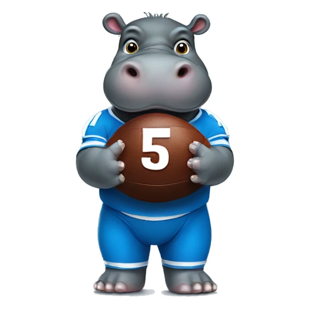 hippo holding football with blue jersey with the #5 sticker