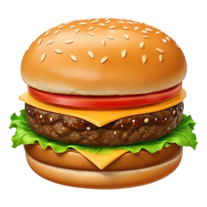 A classic single patty hamburger emoji, 3D Apple style, glossy and colorful. Soft rounded bun with sesame seeds, one beef patty, fresh lettuce, tomato slice, melted cheese, realistic but cartoonish look, clean white background sticker