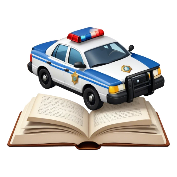 Icon for Action & Crime Reading: an open book with text, from which a police car is driving out along the pages, with explosions behind, a helicopter flying overhead, and a pistol with ammo and grenades in front. Transparent background. sticker