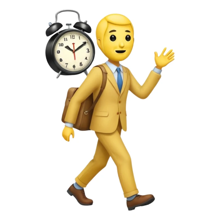 classic emoji style, yellow face walking away with a clock in the background, suggesting a short break, friendly and casual, no text sticker