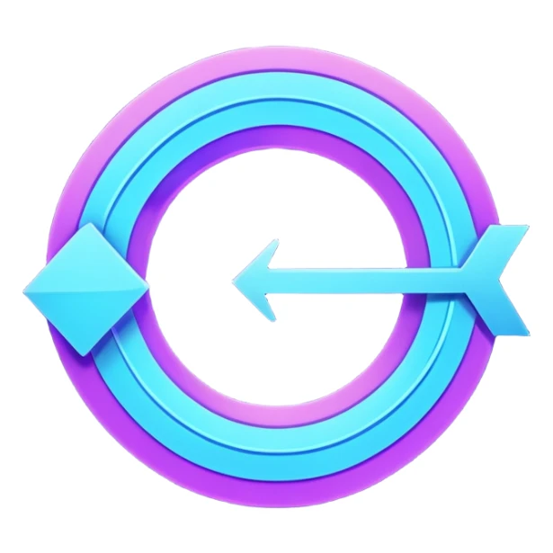 Futuristic retry arrow: an open curved neon arrow forming almost a circle but leaving a gap, clear restart motion. Glowing blue and violet Virtuosa colors, soft Ovi-like floating shape, playful high-tech style, luminous semi-matte texture. No text. Full background.
 sticker