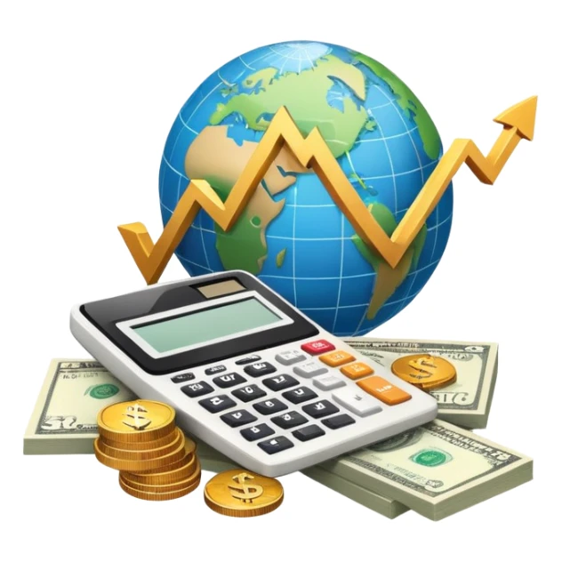 An icon featuring a calculator, a dollar sign, and a chart with upward trends, symbolizing economics. The design includes coins, bills, and a globe, representing global trade and financial systems. Transparent background highlights the study of markets, supply, and demand. sticker