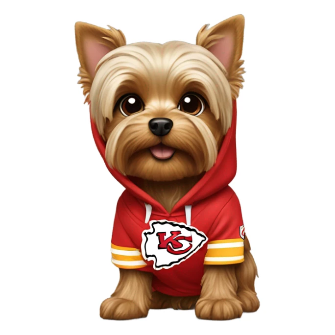 Yorkie wearing a chiefs hoodie sticker