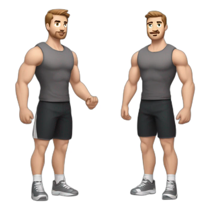 Close up Actively gesturing  with hands Pale skinned Fit Man With the biceps and brown hair in dark gray Sleeveless Mike, black oversize sports shorts, watch and white Sneakers sticker