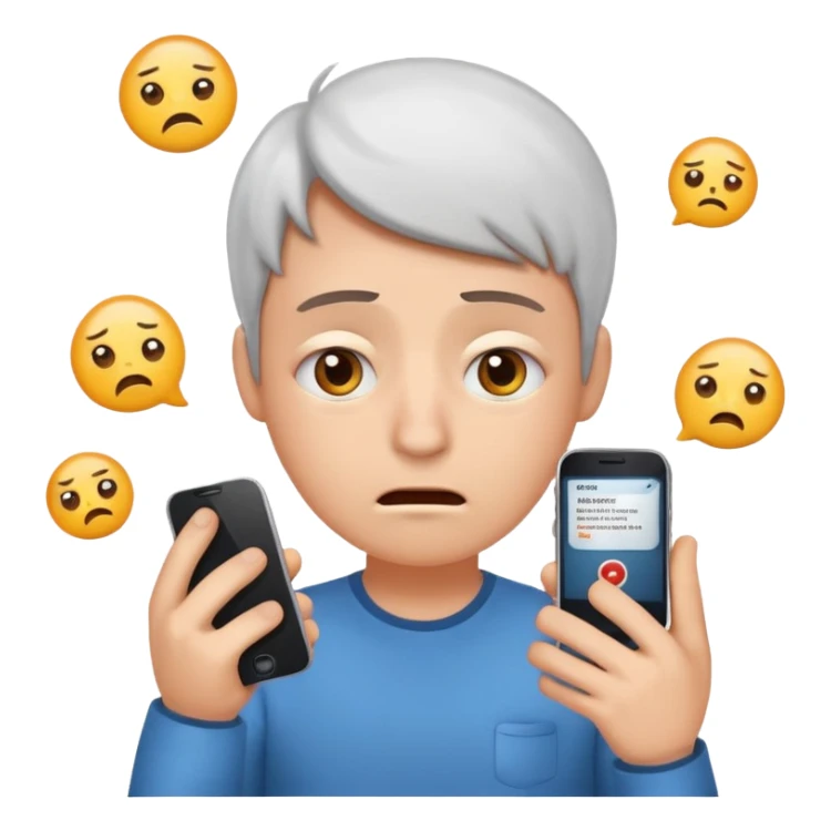Same emoji avatar, overwhelmed expression, tired eyes, slightly stressed face, holding a smartphone with notifications piling up sticker