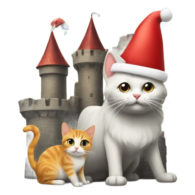 castle wearing a santa hat with a cat eating a fish sticker