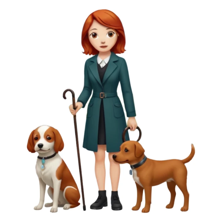 Red headed woman with a cane and a dog sticker