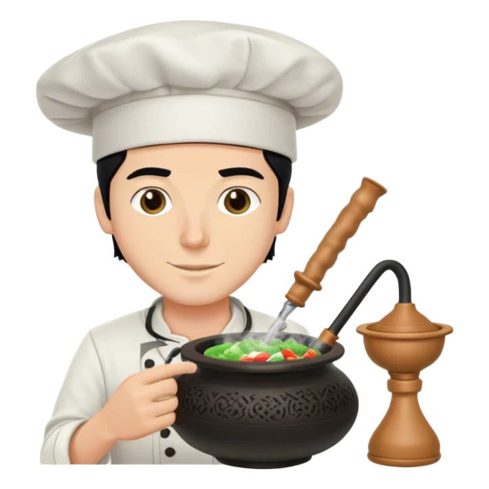 A white guy with black hair packing a hookah bowl with a chef hats  sticker