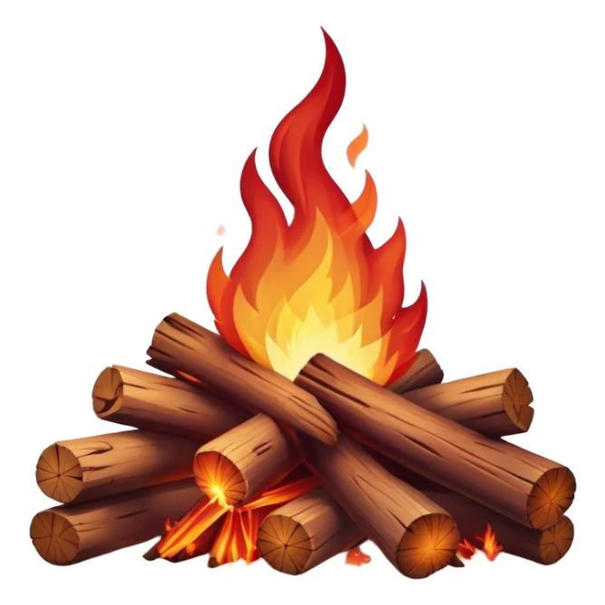 Cinematic Realistic Campfire, a roaring flame crackling atop carefully arranged logs, embers glowing deep red, golden light casting soft flickering shadows, gentle smoke drifting upwards, glowing with warmth and coziness. sticker