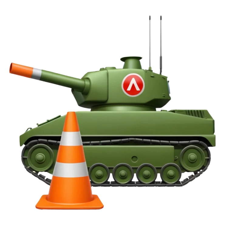 green military tank crushing a traffic cone with a sad face directly underneath its treads, emoji style sticker